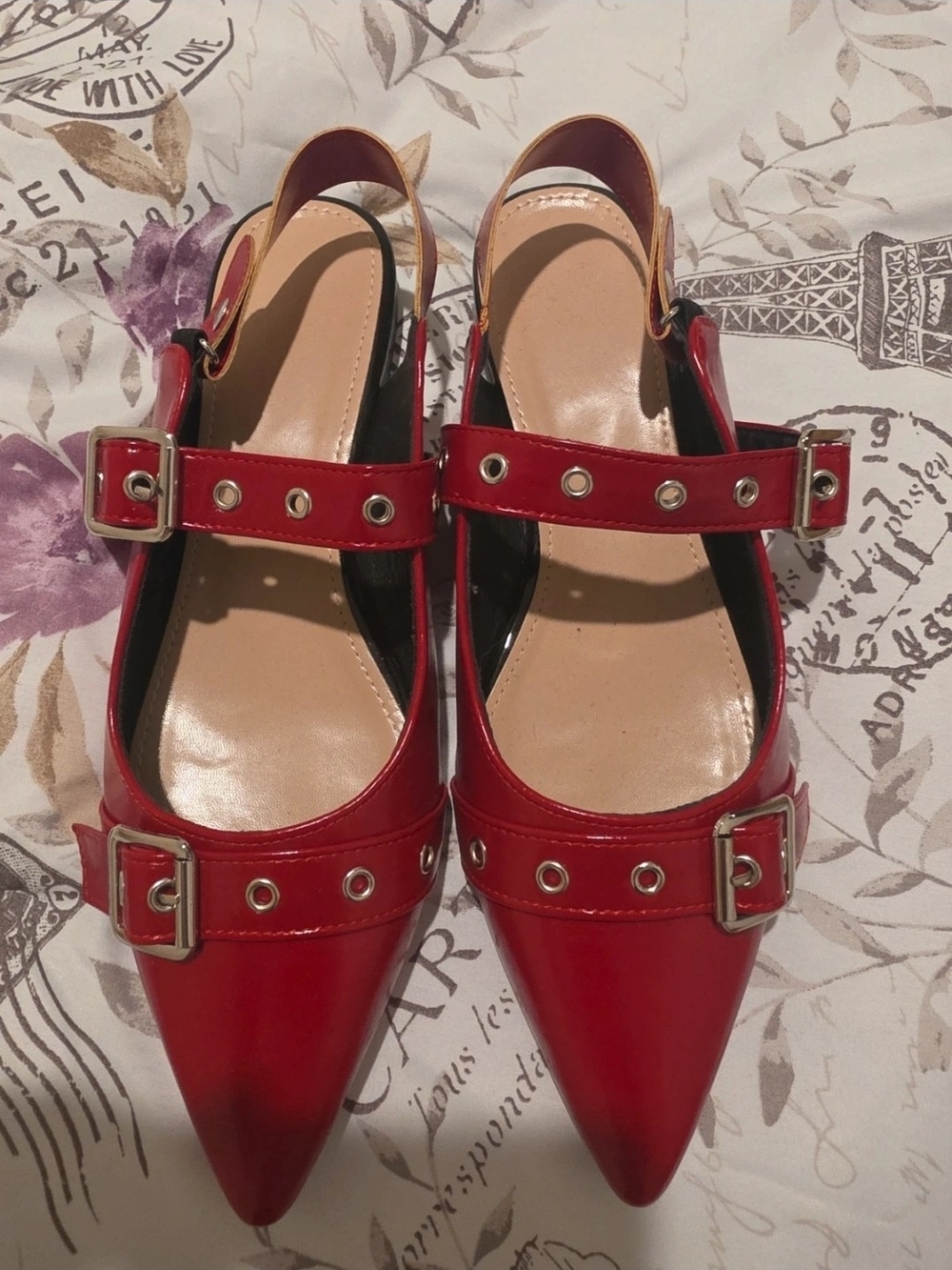Women’s Red Pointed Slingback Flats with Buckle Straps